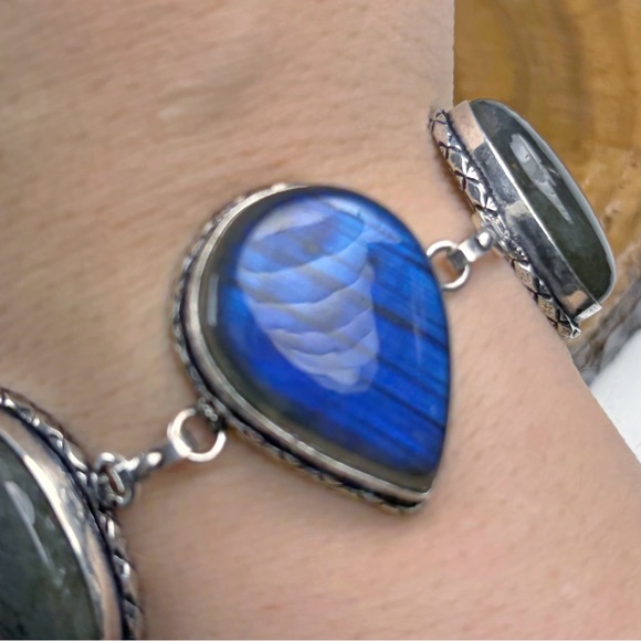Blue Labradorite Bracelet Chunky Vintage Boho Southwest Style Pear Oval New 925 - Picture 4 of 6